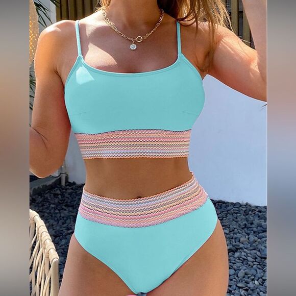 New Bikini set sky blue striped mutli-color high waisted full coverage- mint. M - Picture 1 of 7